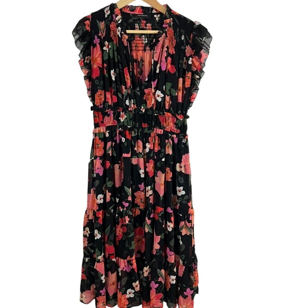 Olivaceous Black Floral Tiered Dress Size Large